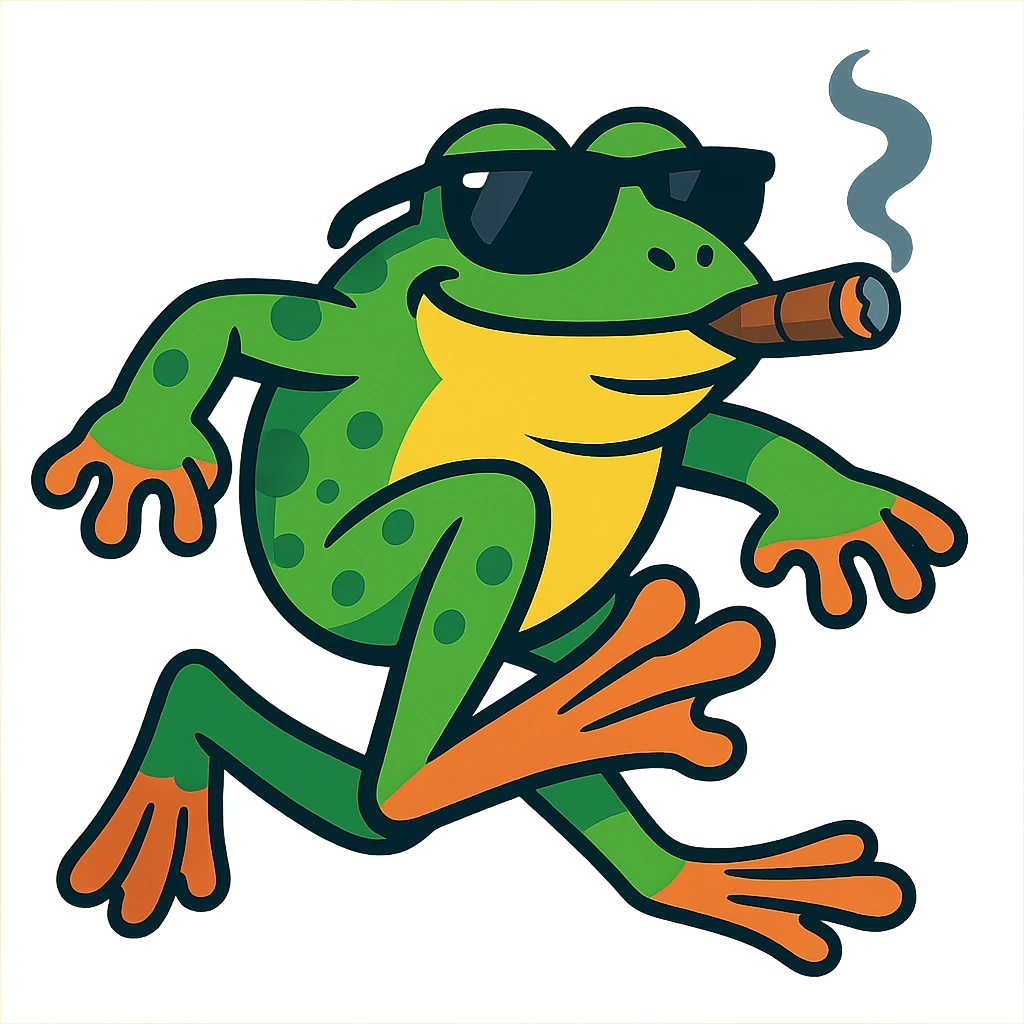 realistic cartoon frog leaping with ray bans, satisfied expression, smoking a cigar, vibrant toon style emoji