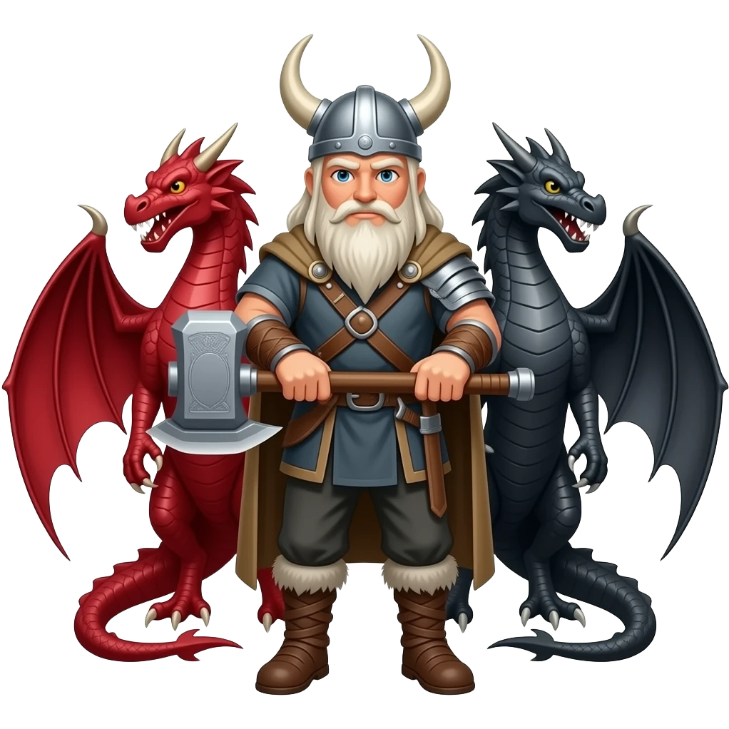 un viking avec un marteau à deux main sur lequel repose ses deux mains. Ce viking est entre deux dragons, l'un est rouge et l'autre est noir emoji