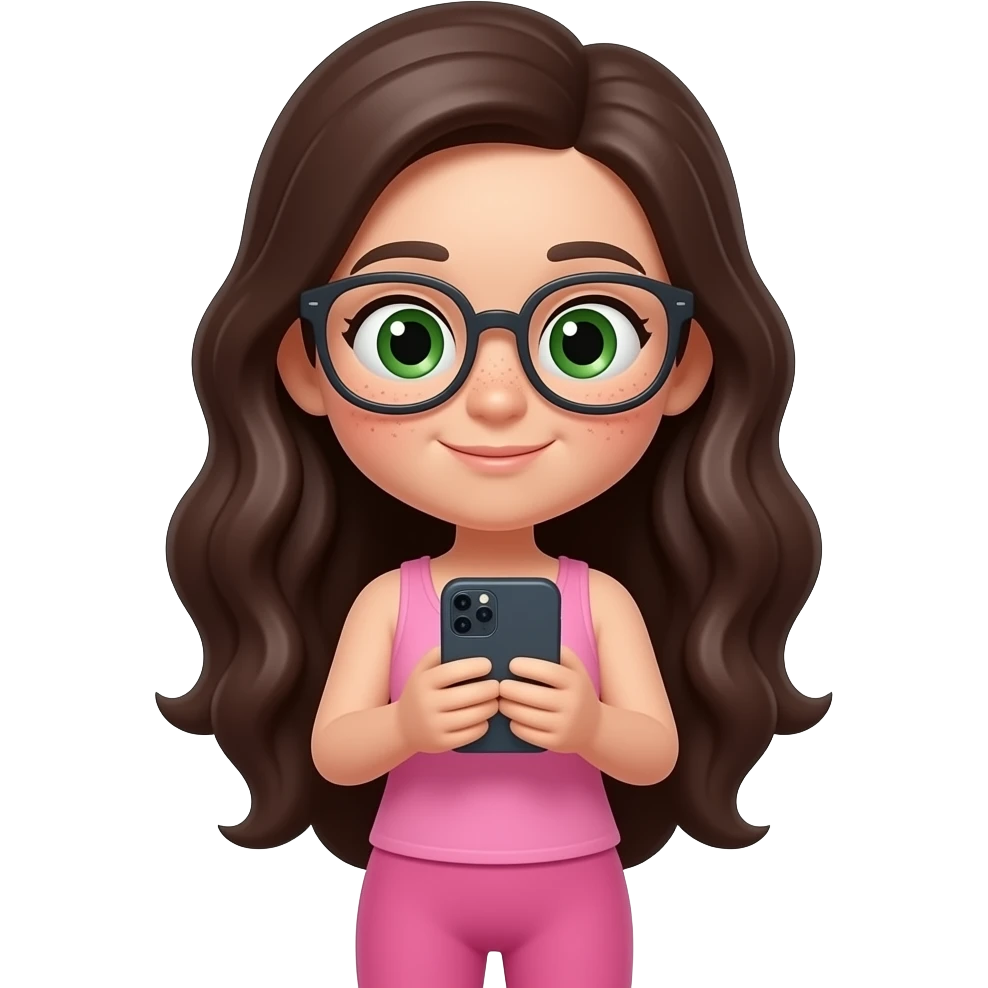 young girl in the style of iphone emoji people, fair skin, green eyes, glasses, freckles,long dark brown wavy hair, pink tank top and pink leggings, looking at the phone emoji