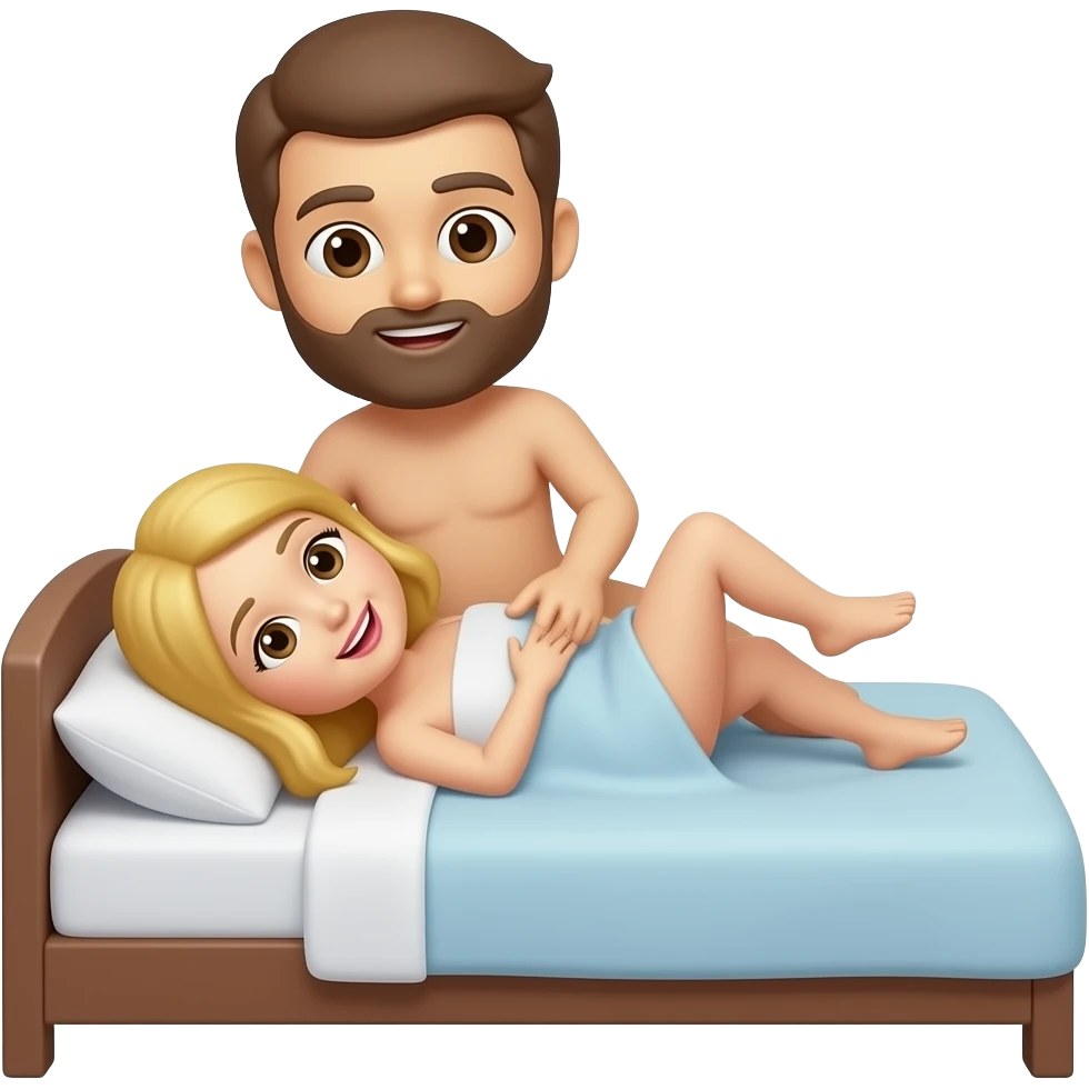 Full body emoji of Naked man with brown hair and a beard having sex with a naked woman with blonde hair on a bed doggy style emoji