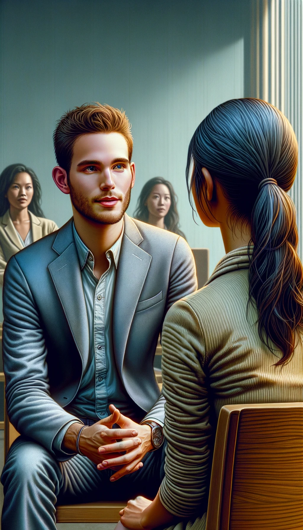 una persona parla e un altra persona di spalle lo ascolta, immagine iperrealistica 4k emoji