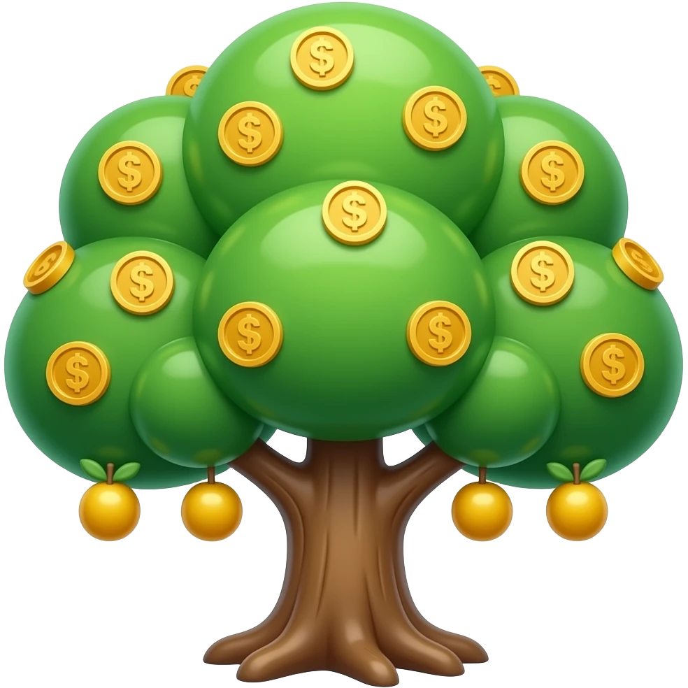 High-quality icon of a stylized financial tree, lush green tree with many golden coins hanging from branches like fruits, thick canopy, very healthy and rich, glossy finish, vibrant colors, white background, mobile game asset style, high quality render, soft studio lighting. emoji