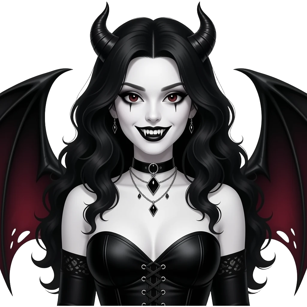 a ghotic succubus, ghotic makeup, arm wavy black hair, white skin, black corset, black eyes iris, big teeths, sedutive, dangerous woman, like a BIG WOMMAN emoji