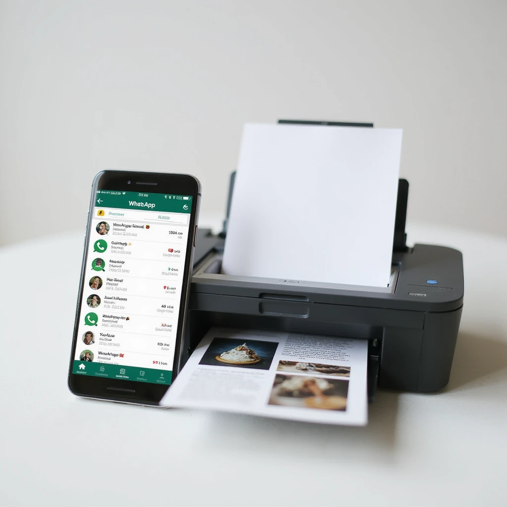 realistic thumbnail for a WhatsApp print out service, smartphone on the left with WhatsApp chat showing multiple file types, printer on the right printing out images and documents, clean background emoji