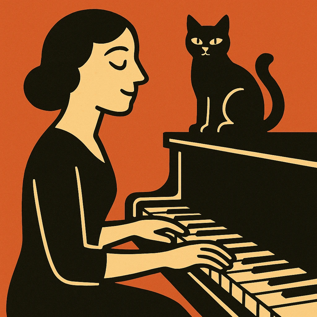 woman playing piano while her cat sits on top of the piano emoji