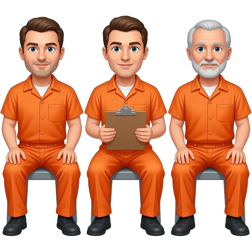 three caucasion guys in prison (orange)-sitting down ages 35, 50, 65; NO Beard or facial hair. youngest in middle with clipboard emoji