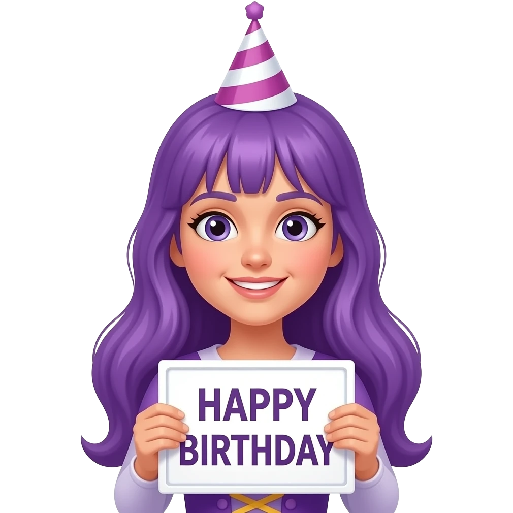 girl with long purple hair wearing a birthdqa costume holding a HAPPY BIRTHDAY sign emoji