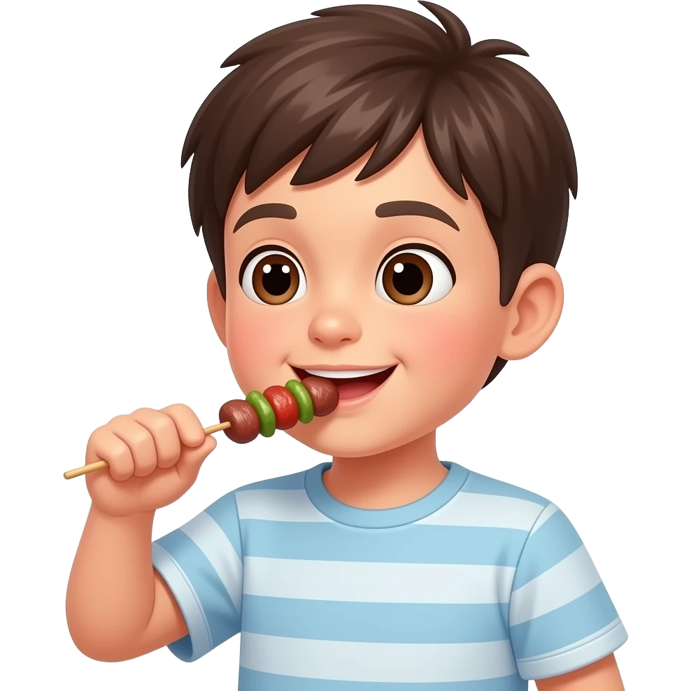 ребенок  ест мясо на шампуре emoji