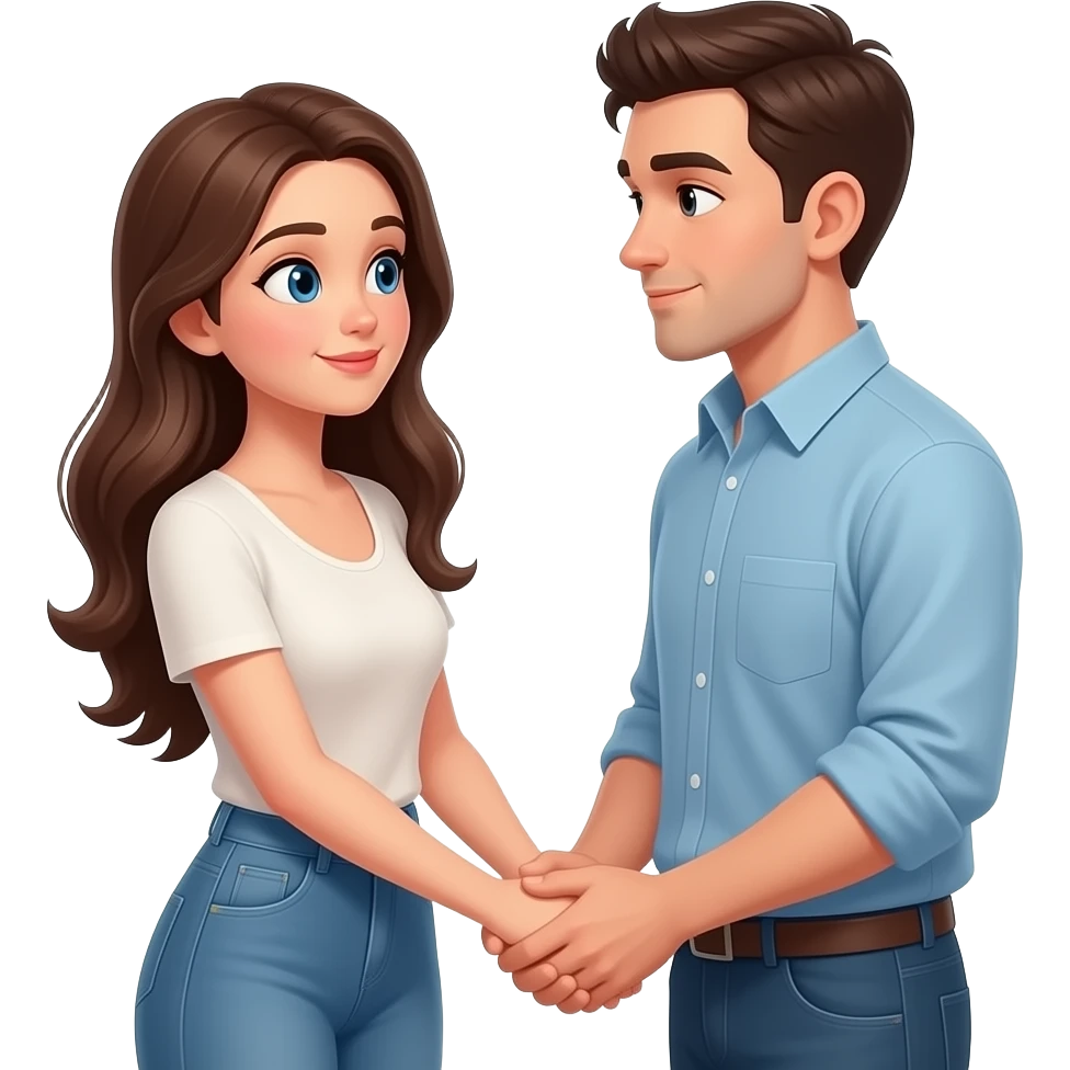 long haired modern lady holding boyfriend hands shyly looking at each other emoji