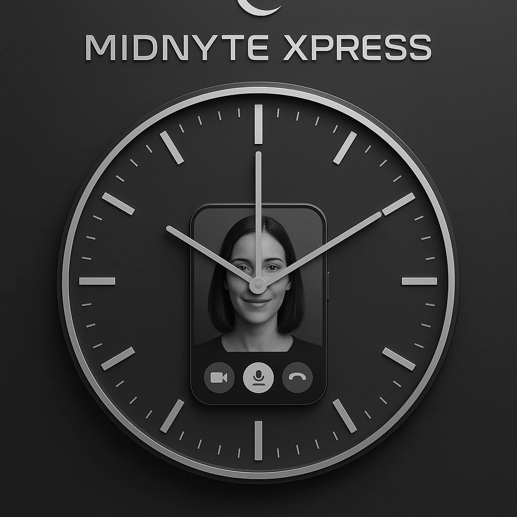 A modern, clear, and visually balanced clock showing midnight with a FaceTime video call screen in the center, the words 'Midnyte Xpress' above the clock, and a half moon above the text. Minimalist, tech-forward, sleek, digital-inspired design, clean and contemporary look. emoji