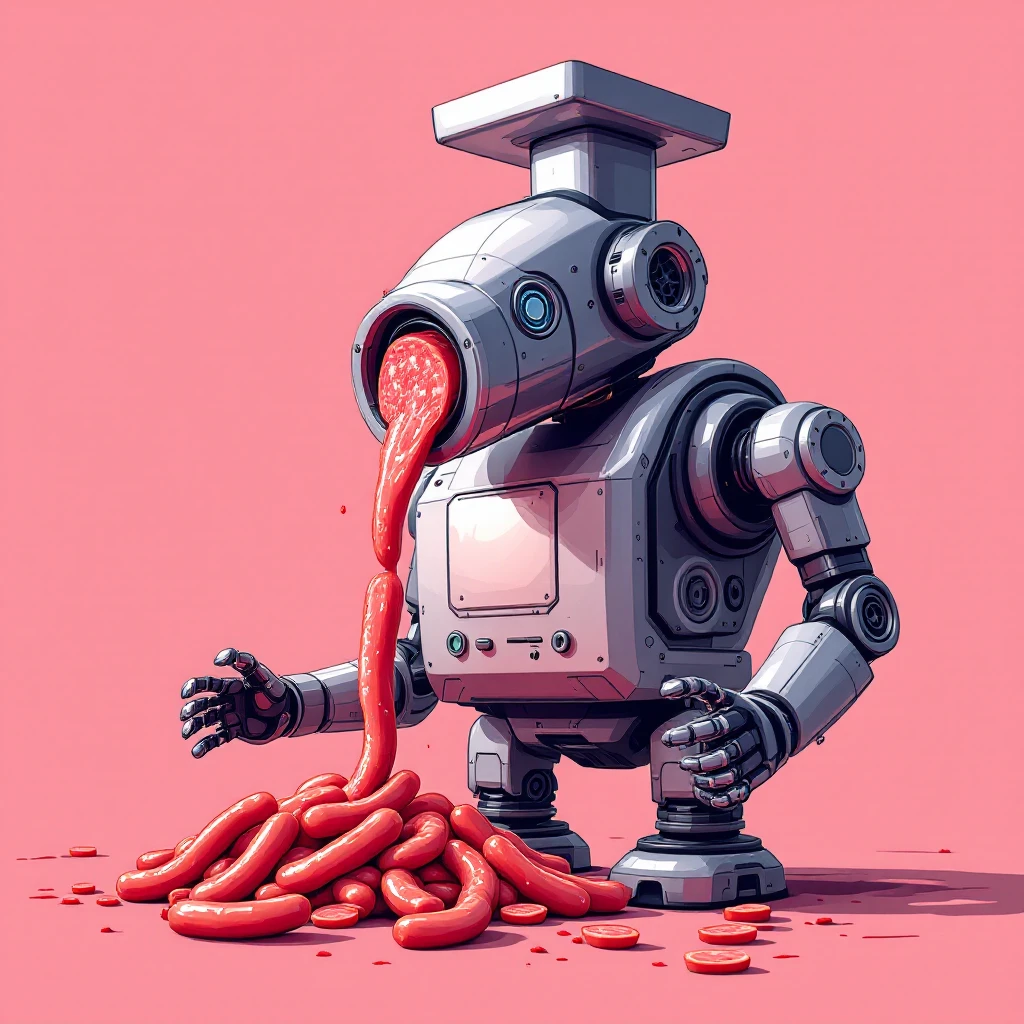a robot that has a large meat grinder for a head. 2 arms that stuff meat into its spinning meat grinder gears. the meat is processed in the robot body and sausage links come out of the rear. The robot doesnt have legs it hovers.style is not lifelike. sticker or emoji style emoji
