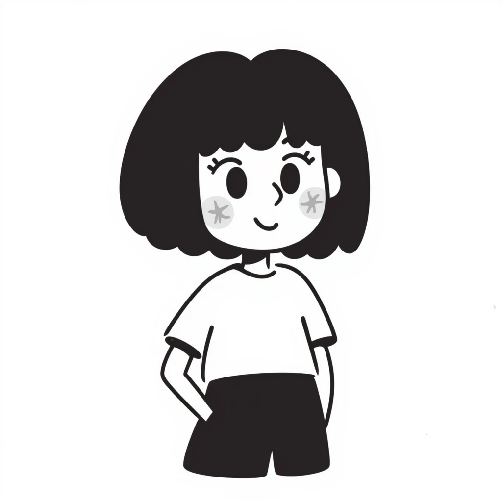 cute girl with blunt bangs, mid-short hair, big eyes, hand-drawn doodle style, extra kawaii features like sparkles and blushing cheeks emoji