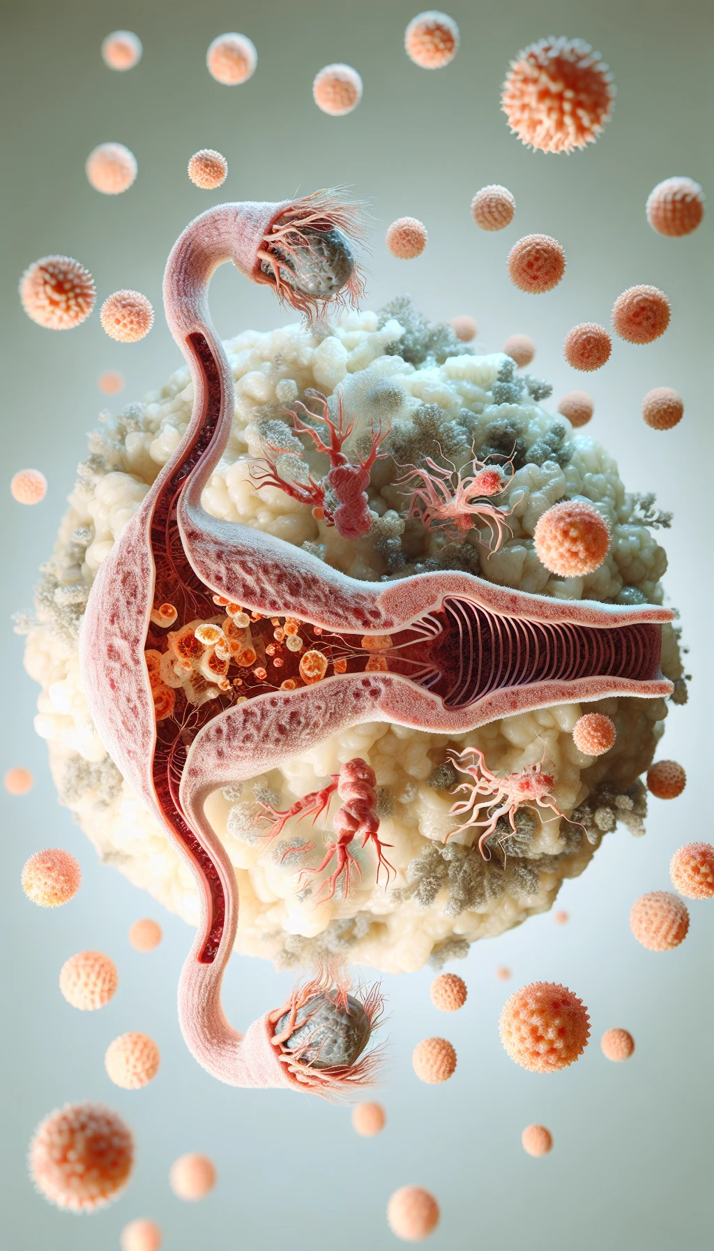 corpo umano anatomico con batteri come la candida nell'utero, sfondo neutro chiaro, iperrealistico 4k emoji