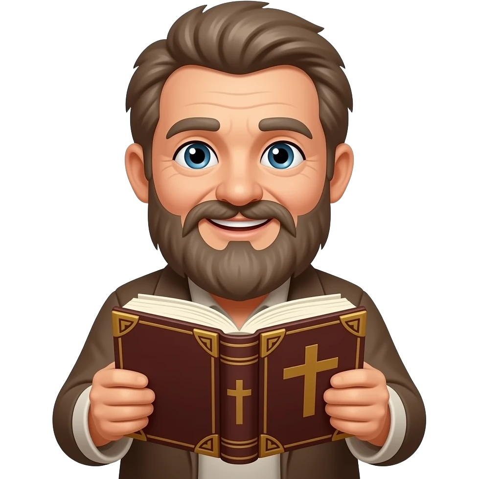 wise old man with greying brown hair beard eyes smile with book that has a cross on it emoji