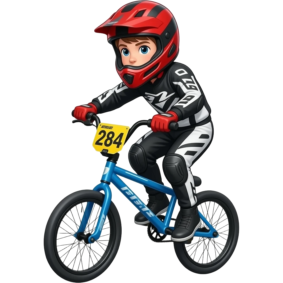 boy rider bmx jumping on a blue bike in red full face helmet and black and white full race suit with a yellow race plate 284 emoji