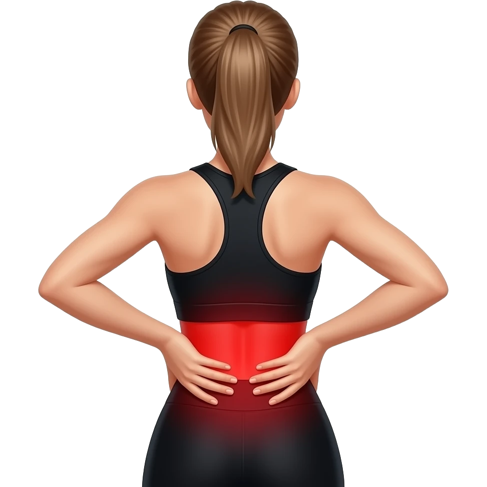 back pain, full red glow covering the entire back, woman with hands on lower back, fair-skinned woman, gray-blue eyes, ash brown brows, ash light brown hair tied back, slim athletic body, black workout set emoji
