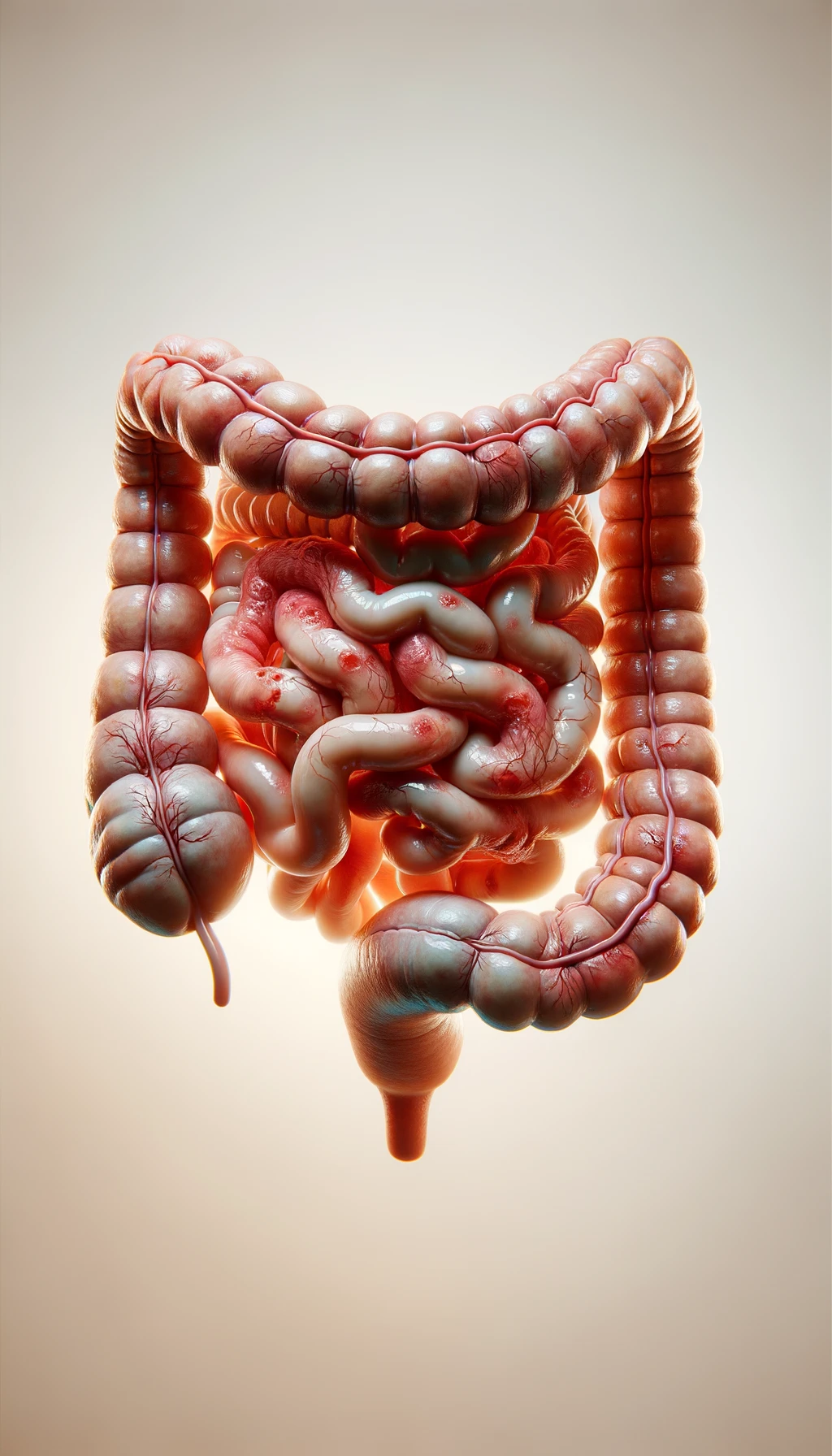 intestino umano anatomico infiammato, sfondo neutro chiaro, iperrealistico 4k emoji