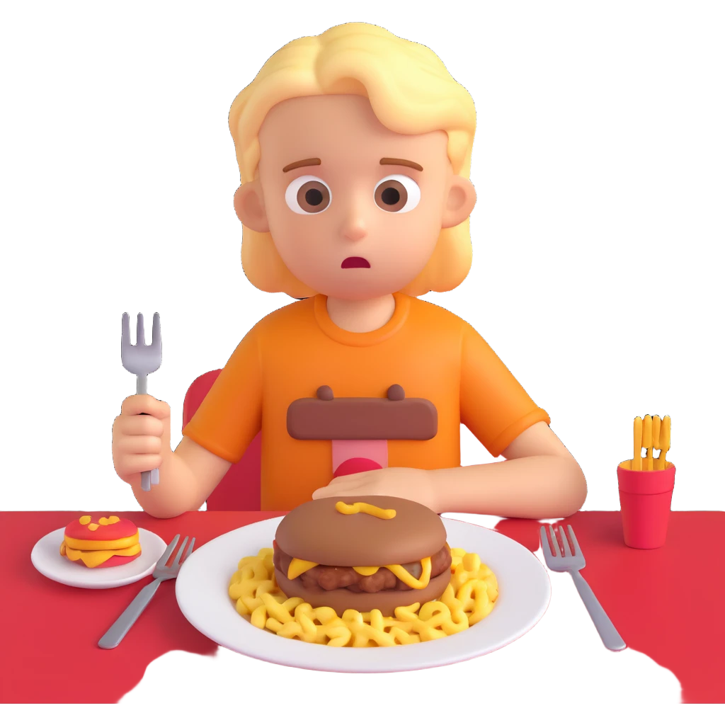A stylized 3D character of a 6-year-old child sits at a table, looking bored at a plate of macaroni and a meat patty, absentmindedly poking the macaroni with a fork. emoji
