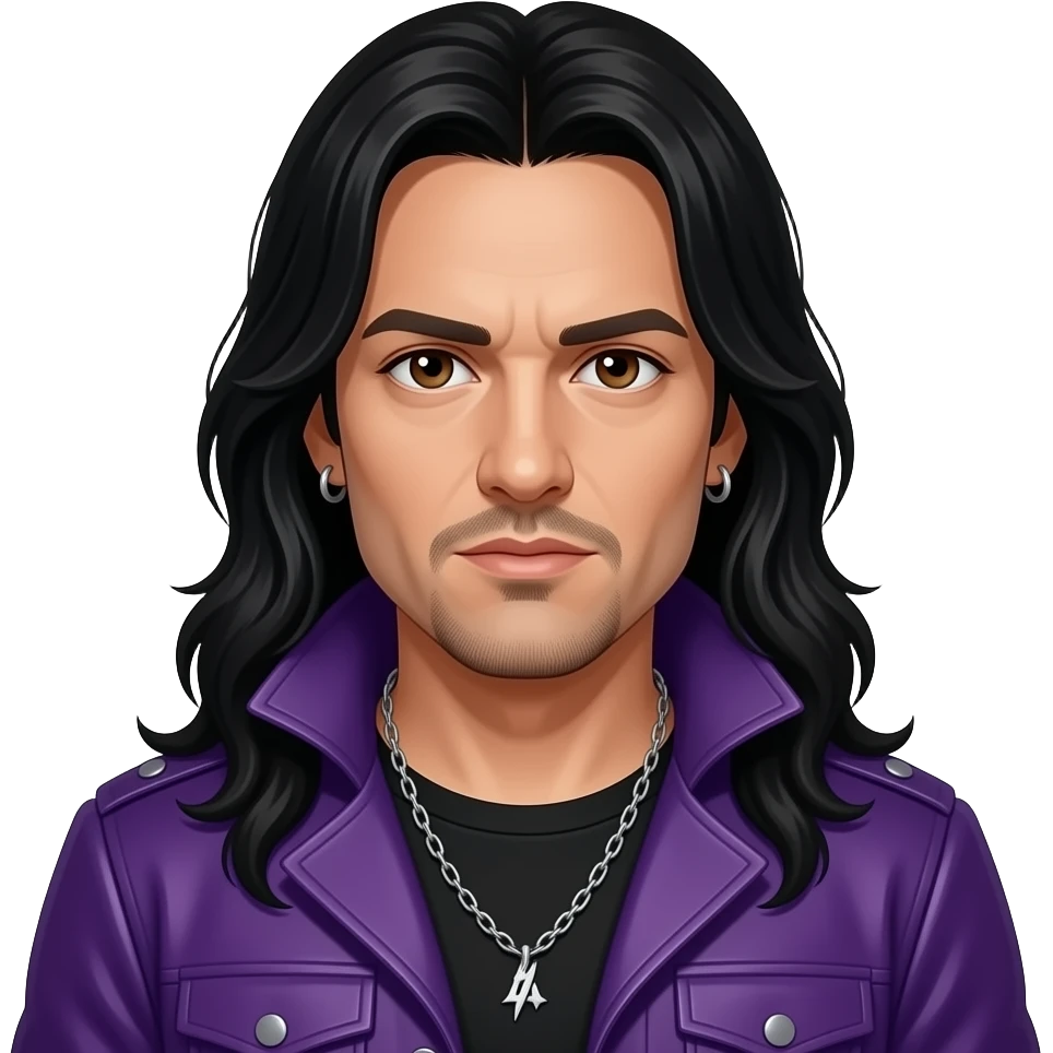 Jonathan Davis with dark brown eyes, long black hair, purple nu-metal outfit emoji