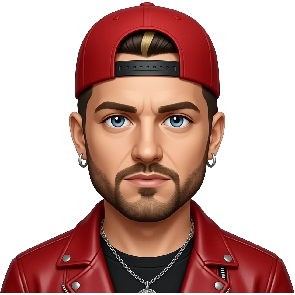 Fred Durst with blue eyes, dark brown buzz cut hair with blonde ombre, red cap, red nu-metal outfit, earrings and necklace emoji