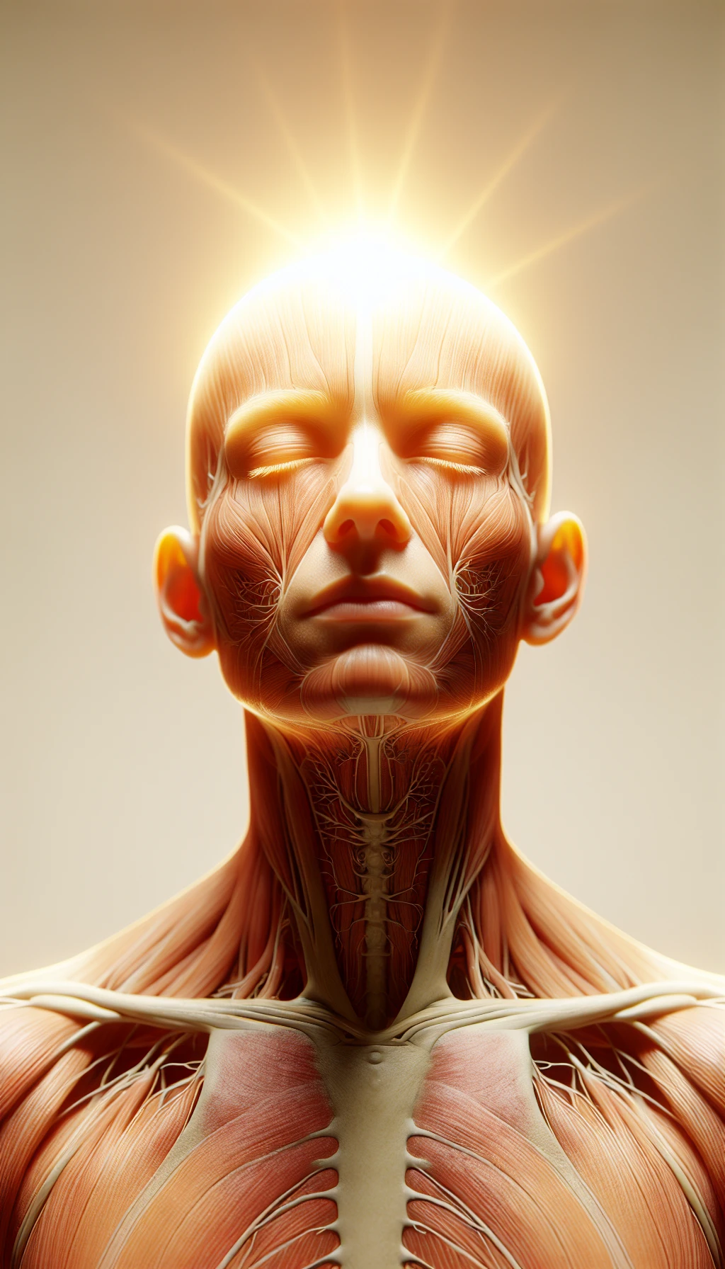 un corpo umano anatomico è illuminato dalla luce del sole e ha gli occhi chiusi in un espressione serena, l'immagine rappresenta l'importanza del sole e i suoi benefici sul corpo umano, sfondo neutro chiaro, iperrealistico 4k emoji