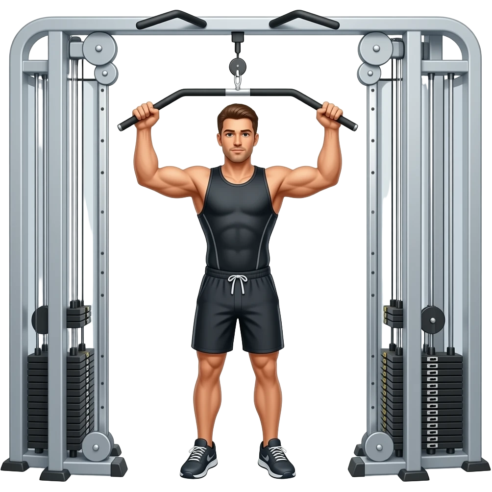 guy workout in gym with cable machine standing chest press around emoji