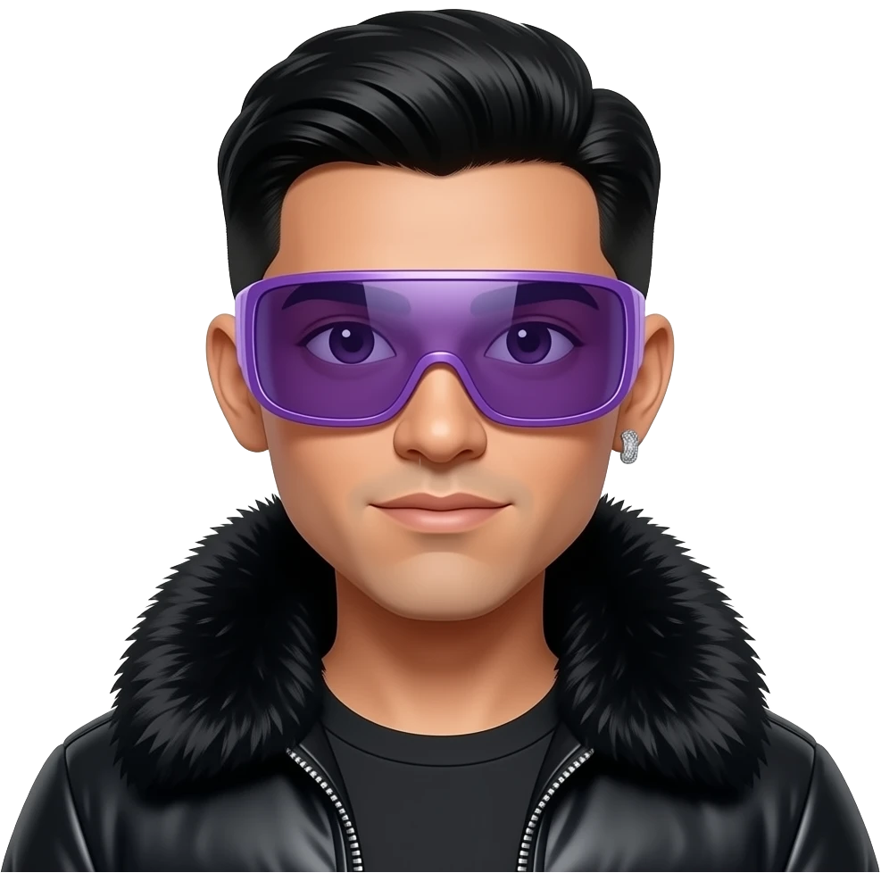 Apple emoji of a young Latino man, straight black fringe hair, giant purple futuristic visor sunglasses, diamond earring, black fur collar jacket, 3D Memoji style. emoji