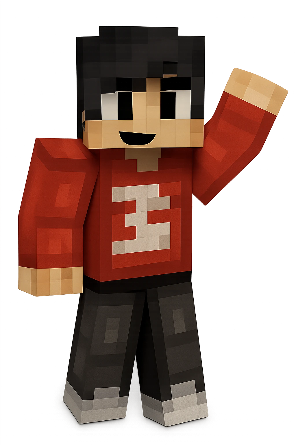 Extract only the fourth character from the left with black hair and red shirt, keep the original Minecraft cartoon style and appearance, place on a transparent background. emoji