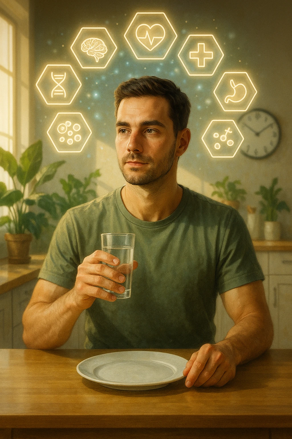 A realistic, cinematic illustration of a healthy, calm man in his early 30s sitting in a bright kitchen in the morning, with an empty plate in front of him and a glass of water in his hand, looking serene and focused. Behind him, the background shows subtle symbols of health: green plants, sunlight streaming in, and a blurred wall clock showing 10:00, symbolizing the fasting window. Above the man, a translucent overlay of medical icons (heart, brain, DNA strand) glows softly, illustrating that intermittent fasting acts as a powerful medicine, not merely a diet. The color palette is fresh and natural, emphasizing health, clarity, and focus. The style is realistic with slight cinematic tones, conveying that the man is using intermittent fasting as a tool for cellular regeneration, inflammation reduction, and health optimization rather than weight loss emoji