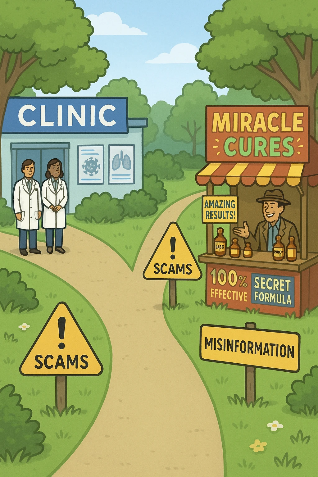 two paths diverge—one leads to a trustworthy clinic with doctors and scientific posters, the other to a shady stand selling “miracle” medicines with exaggerated claims. Signs along the second path warn of scams and misinformation. The scene encourages viewers to choose reliable, science-based healthcare. emoji