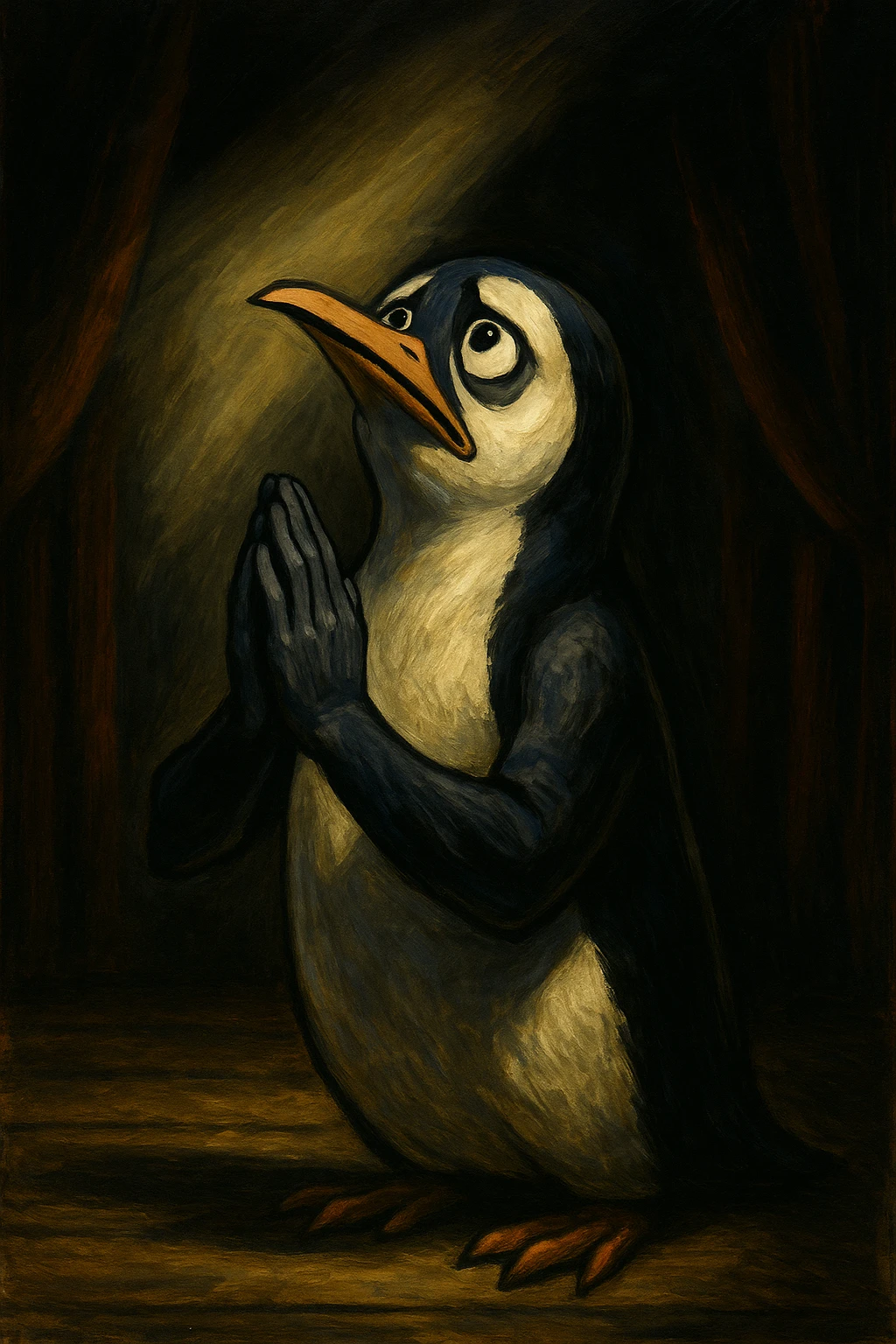 a stylized penguin, hands together in prayer, dramatic pose, eyes looking up, emotional and expressive, theatrical lighting, stage-like background emoji
