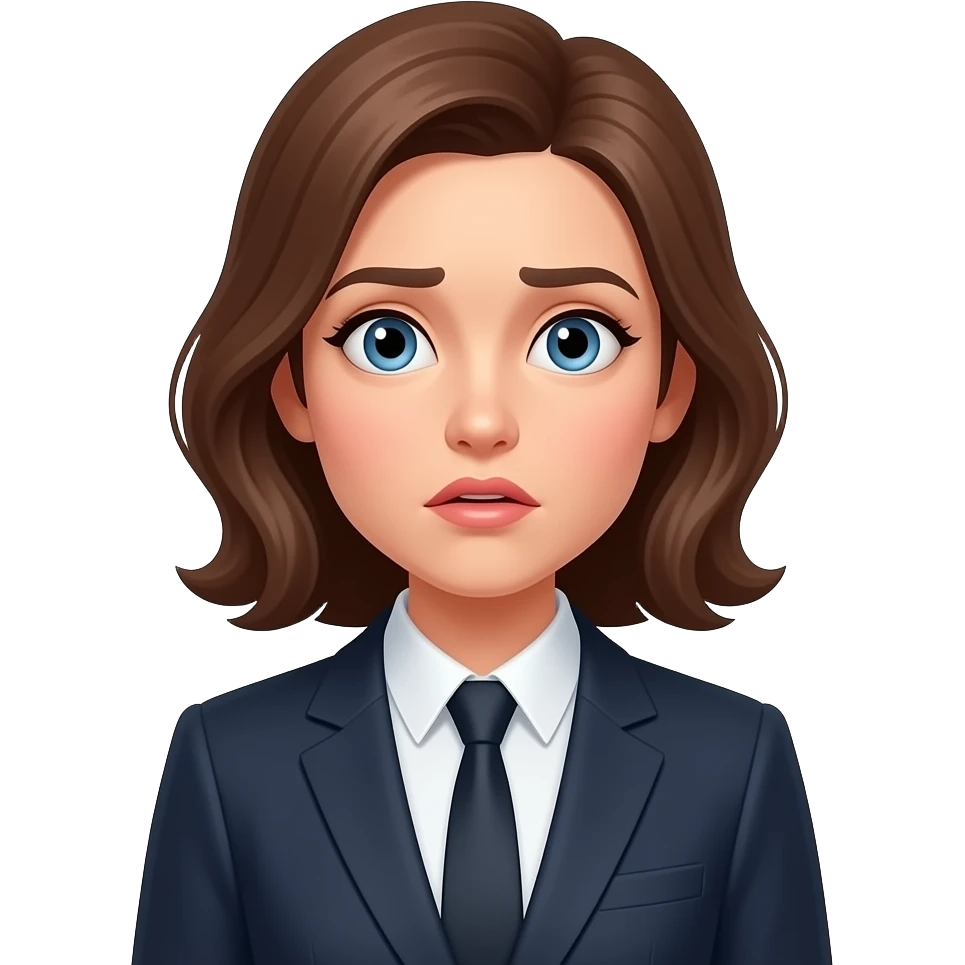 confused, surprised  woman in elegant suit, only head and torso, apple style emoji