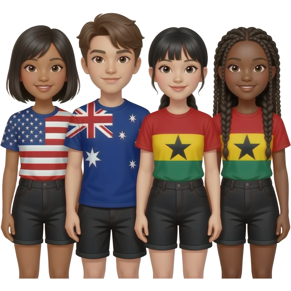 american and austrailian keep the girls the same but put their flags on their shirts and give them all black shorts put a chinese girl and a ghanan girl with them too make the ghanan girl have long braids emoji