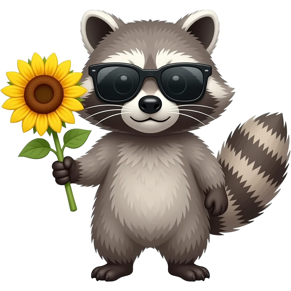 A raccoon wearing sunglasses holding a sunflower emoji