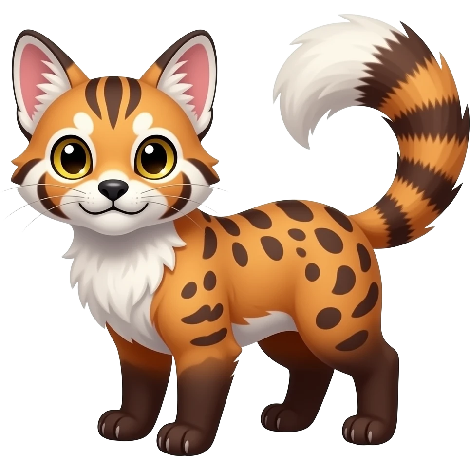 Colorful tropical exotic cute cool beautiful shiny beautiful fantasy-caracal-civet-genet-Gryphon-Cacomistle-Trico-Red-Panda-oncilla-animal-Fakémon-hybrid-fursona (full body) emoji