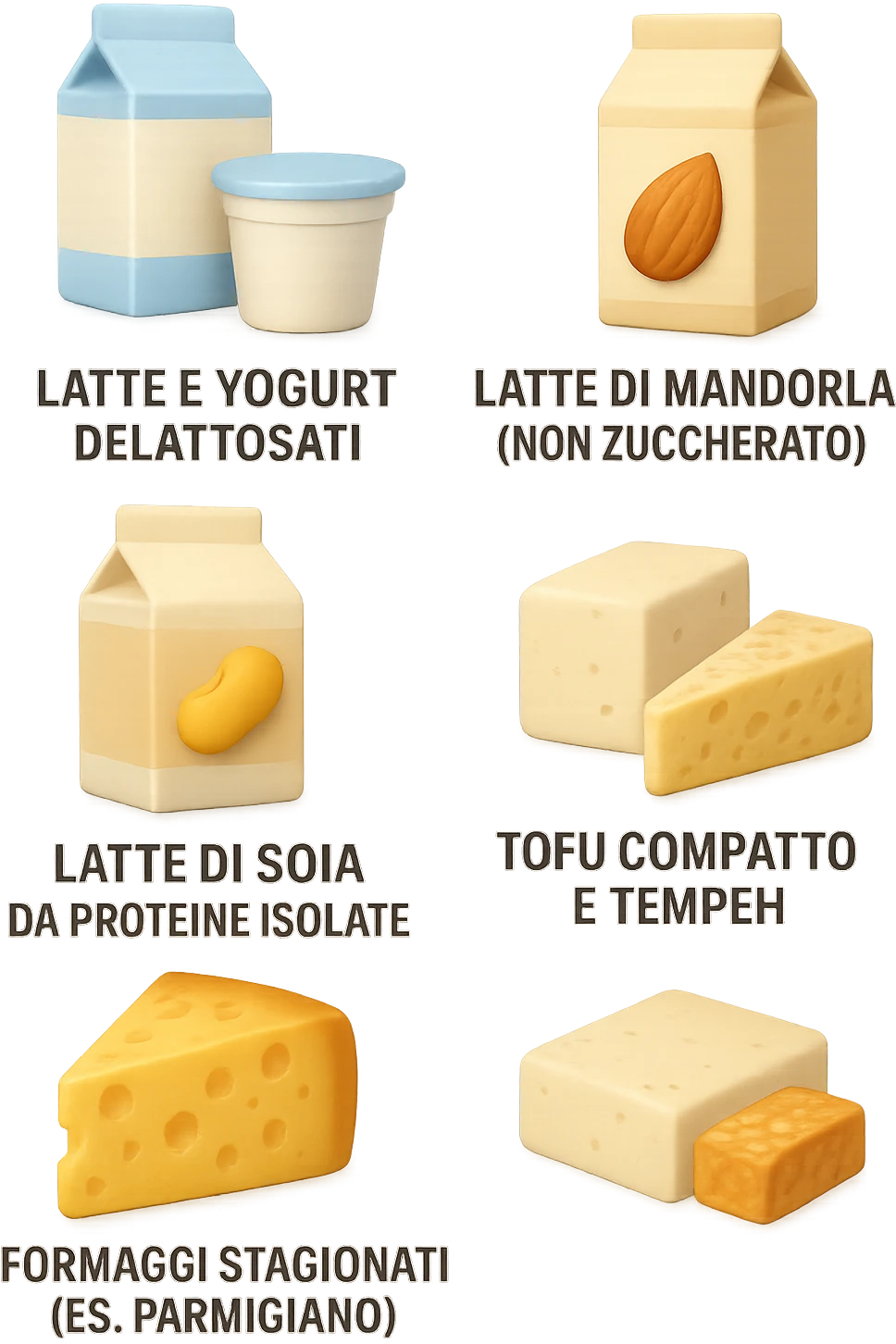 emoji stile iphone 3d di questi elementi che fluttuano in aria:

Latte e yogurt delattosati
Latte di mandorla (non zuccherato)
Latte di soia da proteine isolate
Formaggi stagionati (es. parmigiano)
Tofu compatto e tempeh
 che fluttuano in aria,  le etichette scrivile in italiano, iperealistico 4k emoji