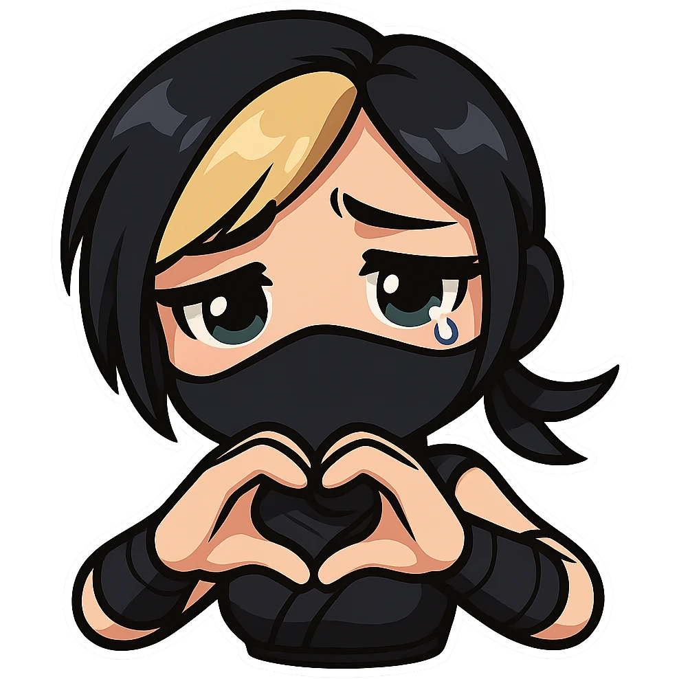 Sexy chibi ninja girl with black short hair and a blonde streak, only head and arms, making a heart gesture with her hands, bold outlines, transparent background, no mask, showing a sad emotion, sized for Twitch emoji use. emoji