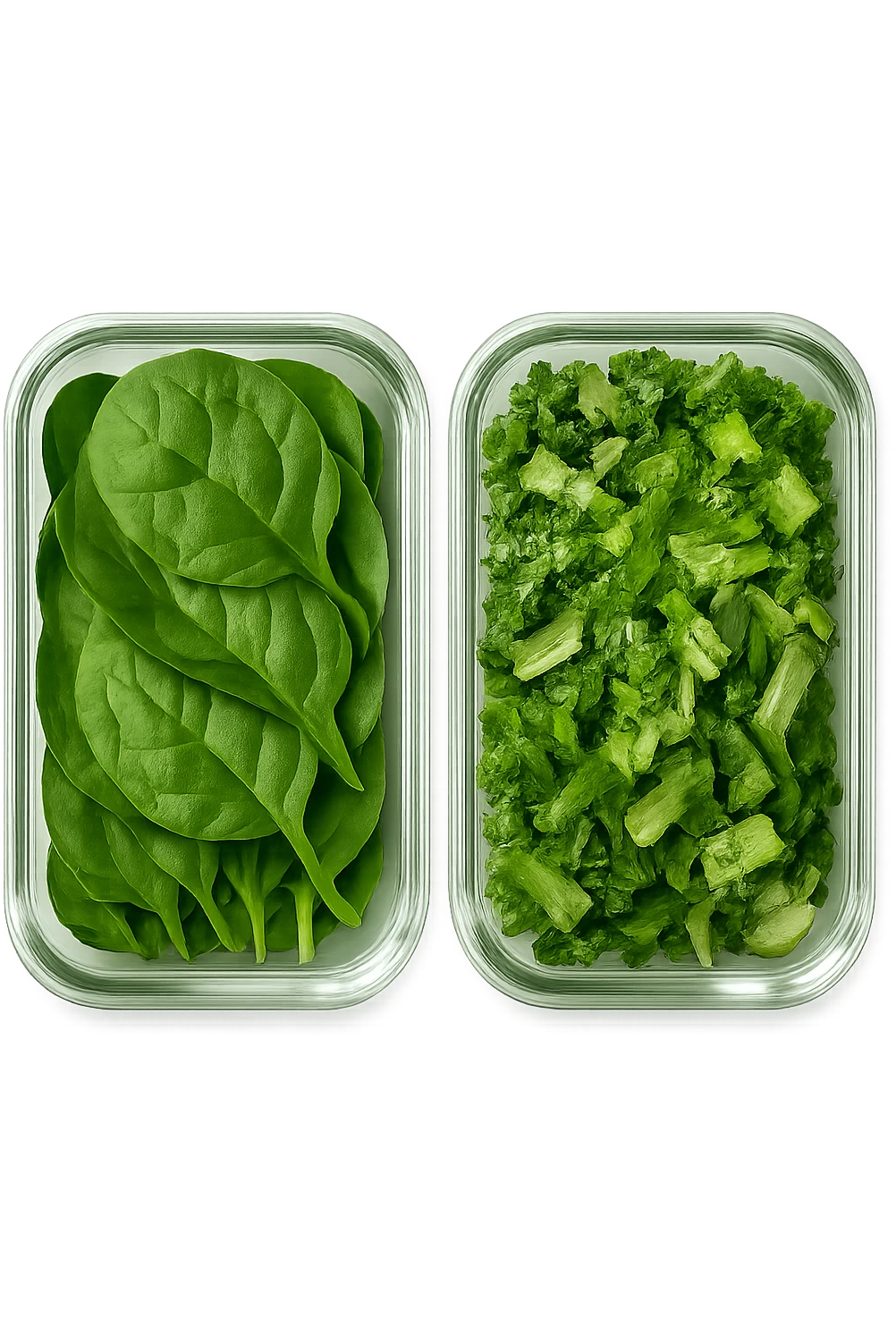 verdure tagliate e sistemate in due schiscette di vetro viste dall'alto, iperrealistico 4k emoji