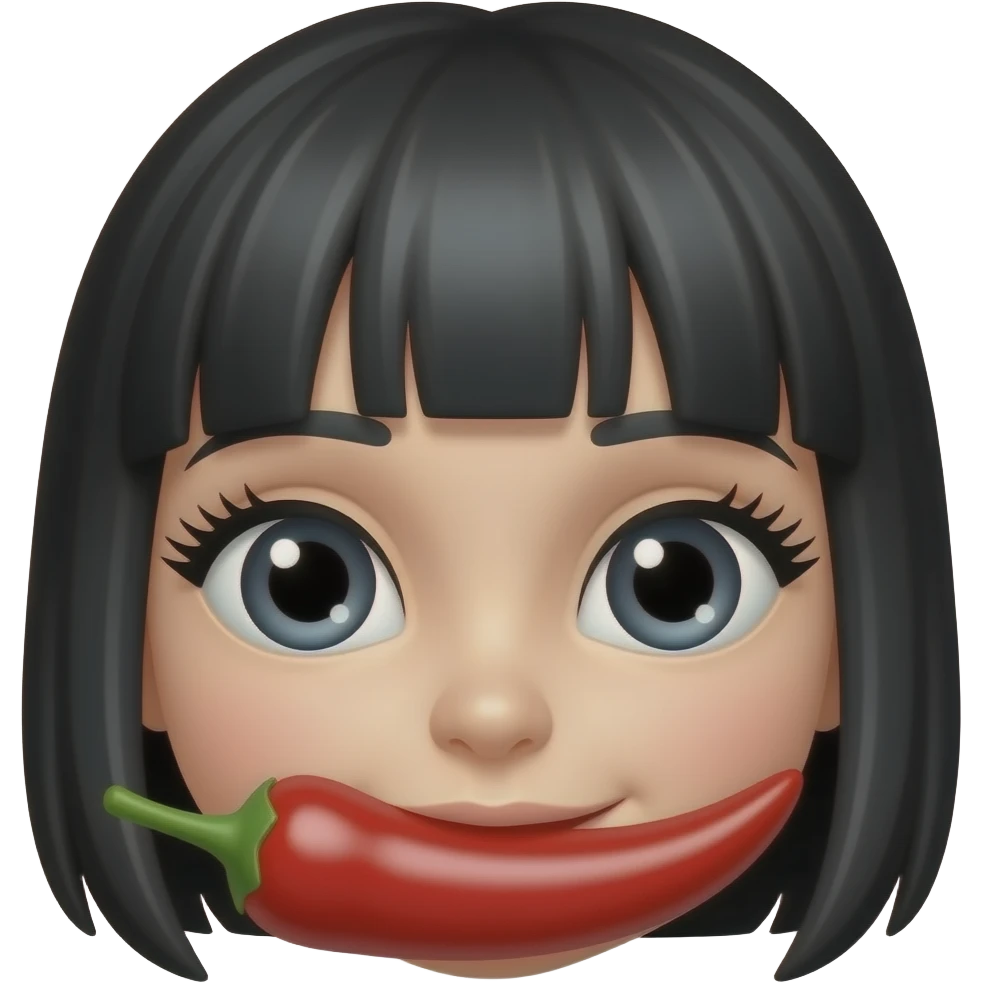 a red chili with girlish eyes, eyelashes and black hair emoji