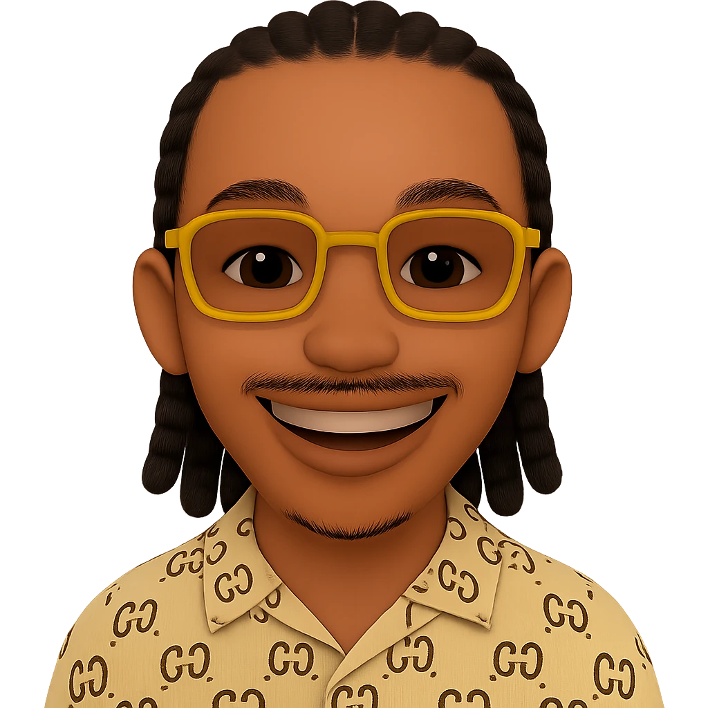 Make the face smile with a thin face shape, beard only on the chin, mustache above the upper lip, no hair under the lower lip, yellow glasses, braided hair, beige patterned shirt. Keep the emoji style look. Transparent background. emoji