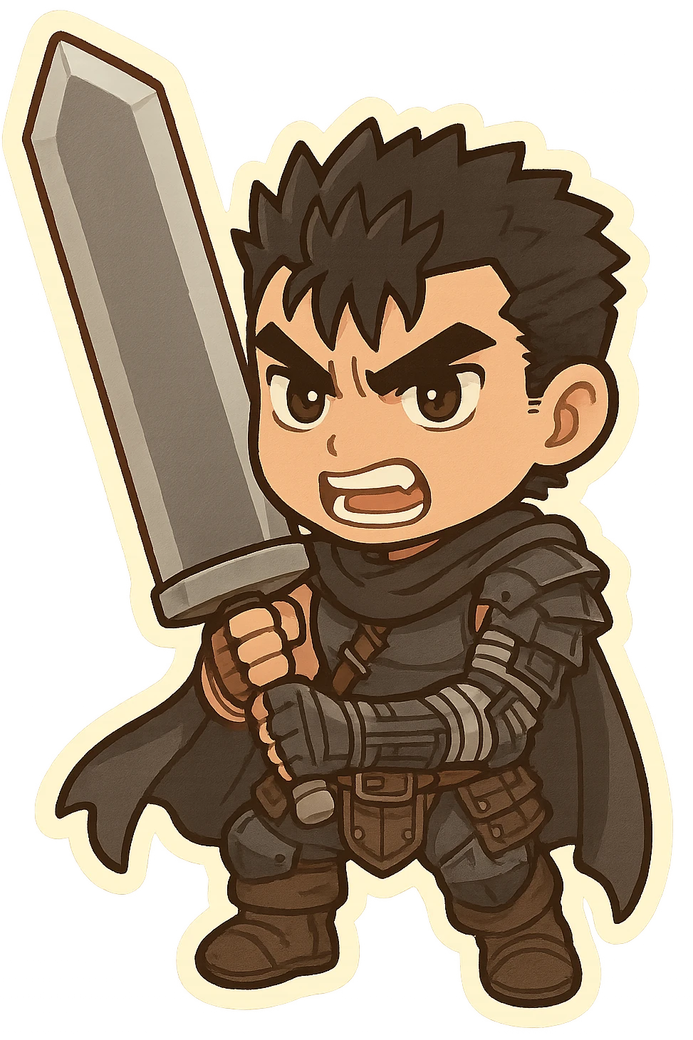 Berserk Guts stylized as a chibi character, oversized sword, fierce look, cute proportions emoji