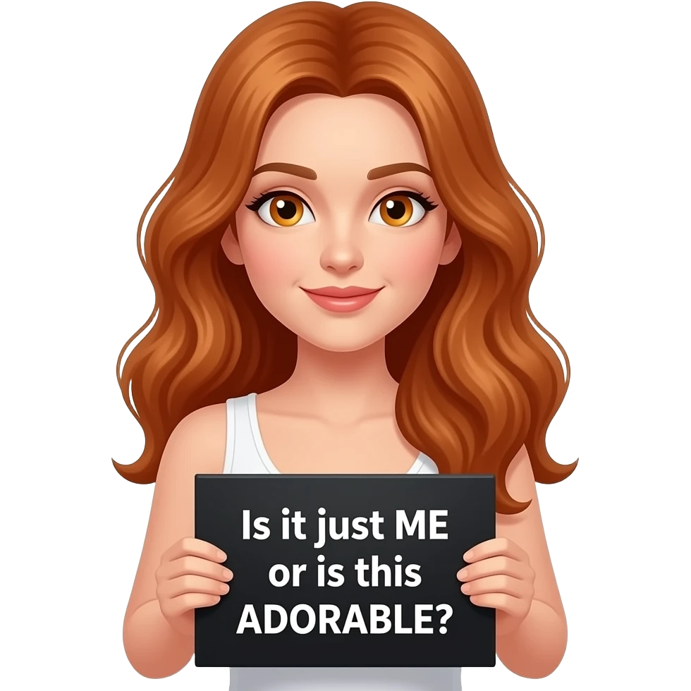 sexy girl with long wavy ginger hair and ginger eyes wearing a white tanktop is holding a black colored sign with Is it just ME or is this ADORABLE written on it emoji