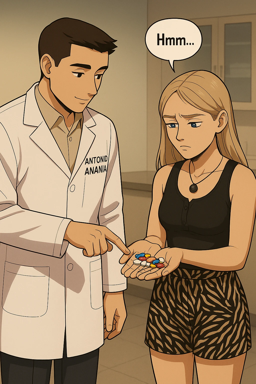 fai un webtoon/manga a colori con questo kinesiologo in camice bianco (fagli la scritta "ANTONIO ANANIA" SUL CAMICE) CHE PARLA CON QUESTA RAGAZZA CON GLI OCCHI AZZURRI. LA RAGAZZA HA UN PUGNO DI INTEGRATORI IN MANO (TANTE PILLOLE DIVERSE) E LE GUARDA DUBBIOSA. IL KINESIOLOGO CON IL CAMICE BIANCO LE TOCCA LA PANCIA CON UN DITO. NON FARE I FUMETTI, FAI SOLO LORO COME SE DIALOGASSERO emoji