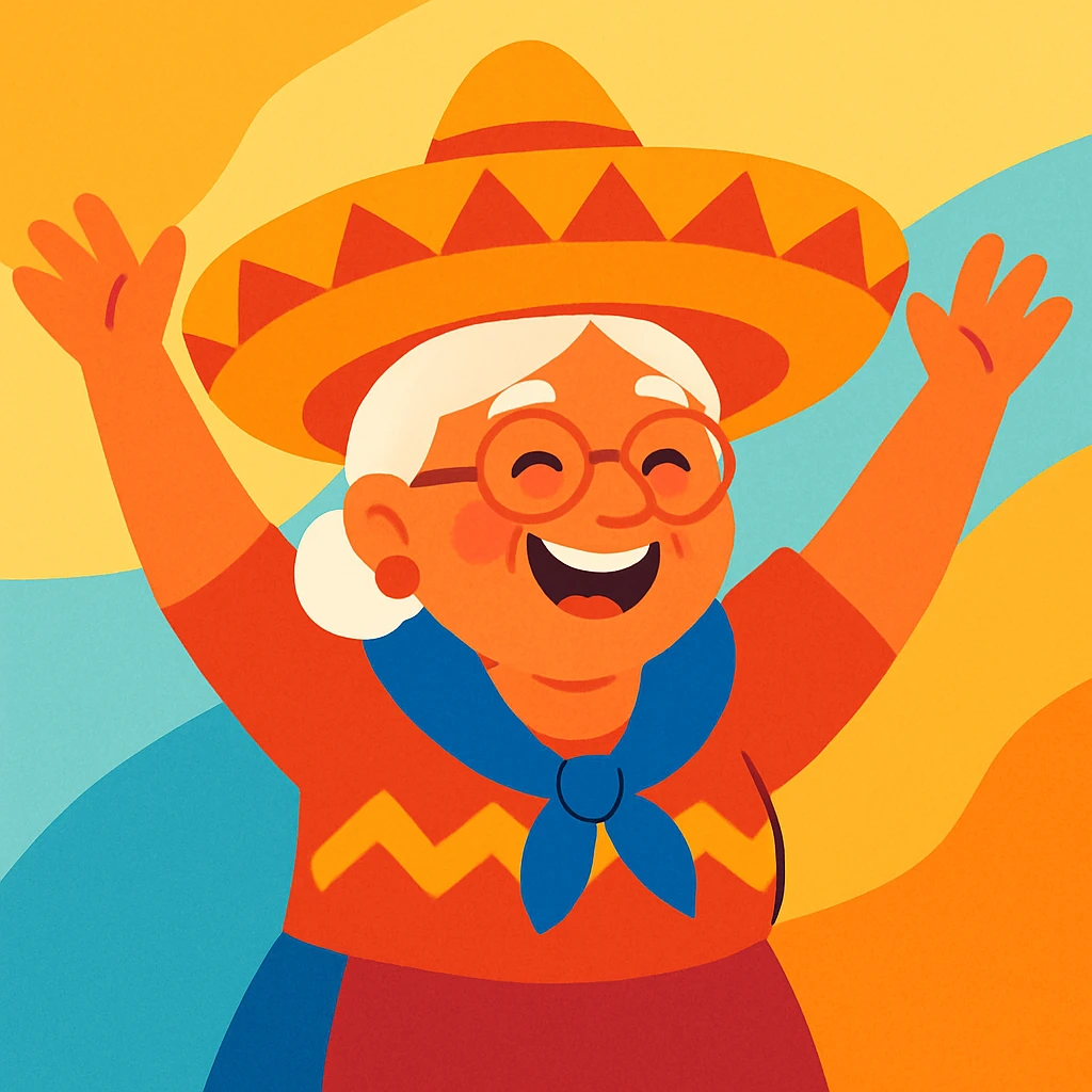 grandma with a sombrero, arms up in the air, vibrant and joyful emoji