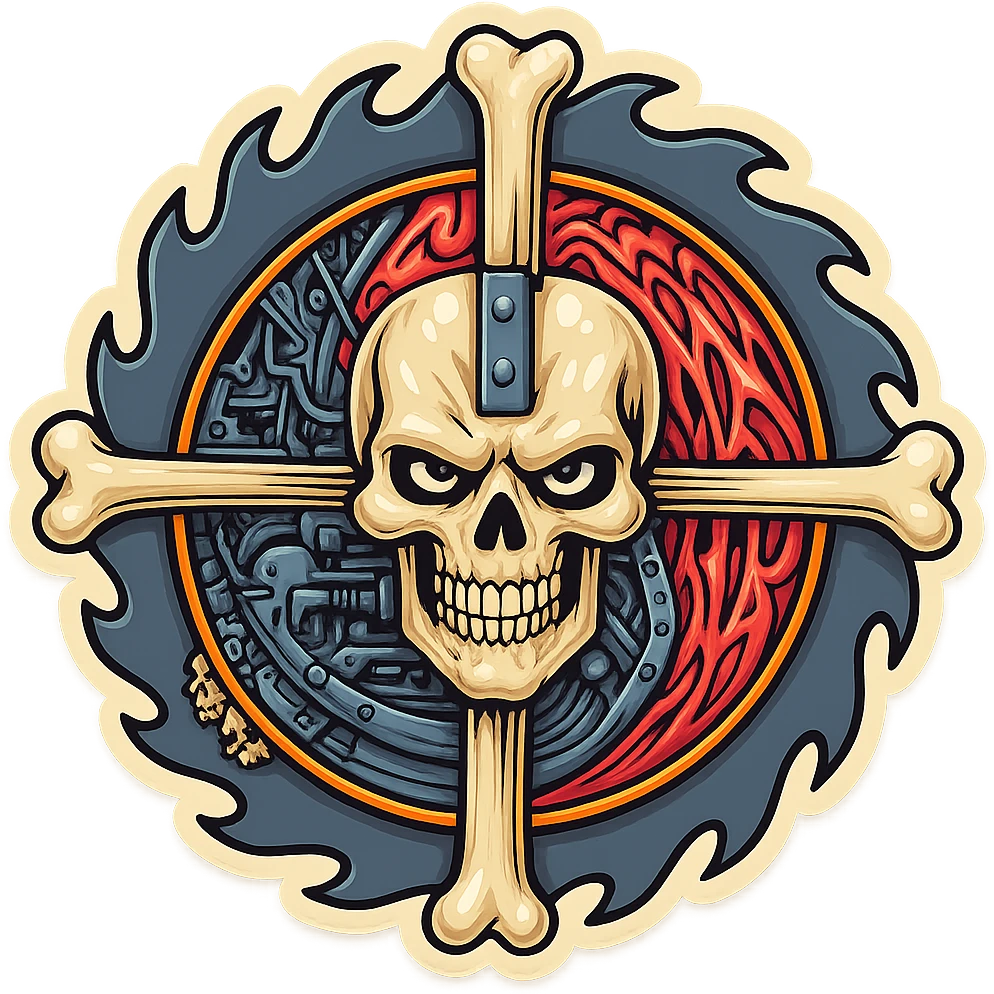 Sticker variation 4: Skull and crossbones with mechanical and organic details, bold outlines, vibrant colors, retro sticker style. emoji