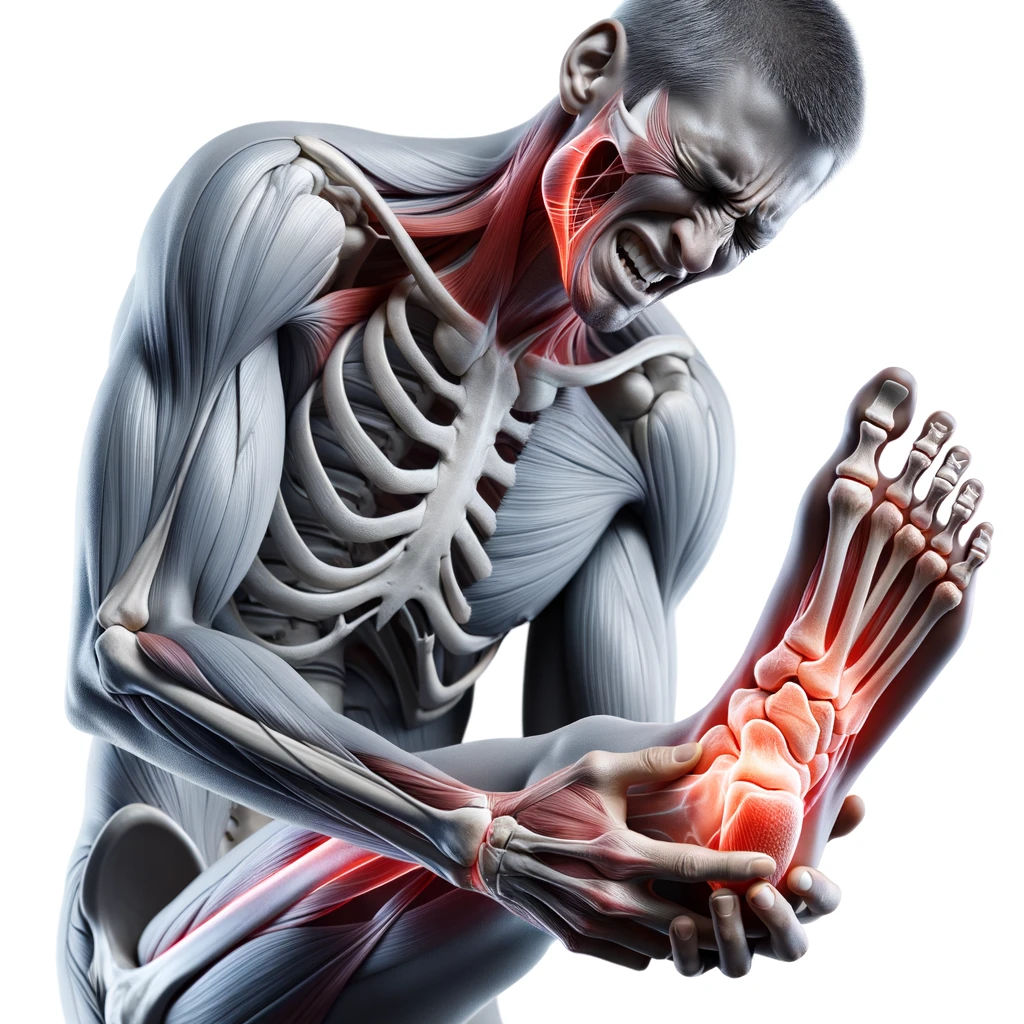 corpo umano anatomico con espressione di dolore in volto che si tiene il piede tra le mani perché ha dolore al piede, iperrealistico 4k, isolato su sfondo bianco emoji