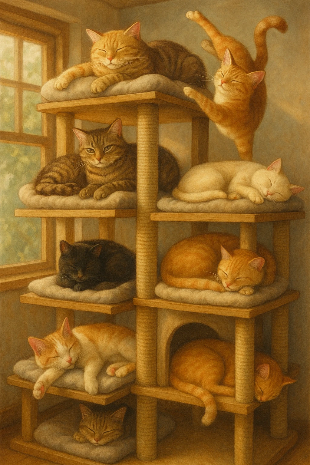 cats relaxing in a vertical playhouse emoji