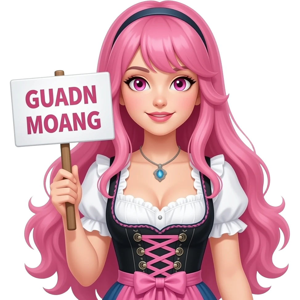 sexy girl with long pink hair and pink eyes wearing a dirndl holding a GUADN MOANG sign emoji