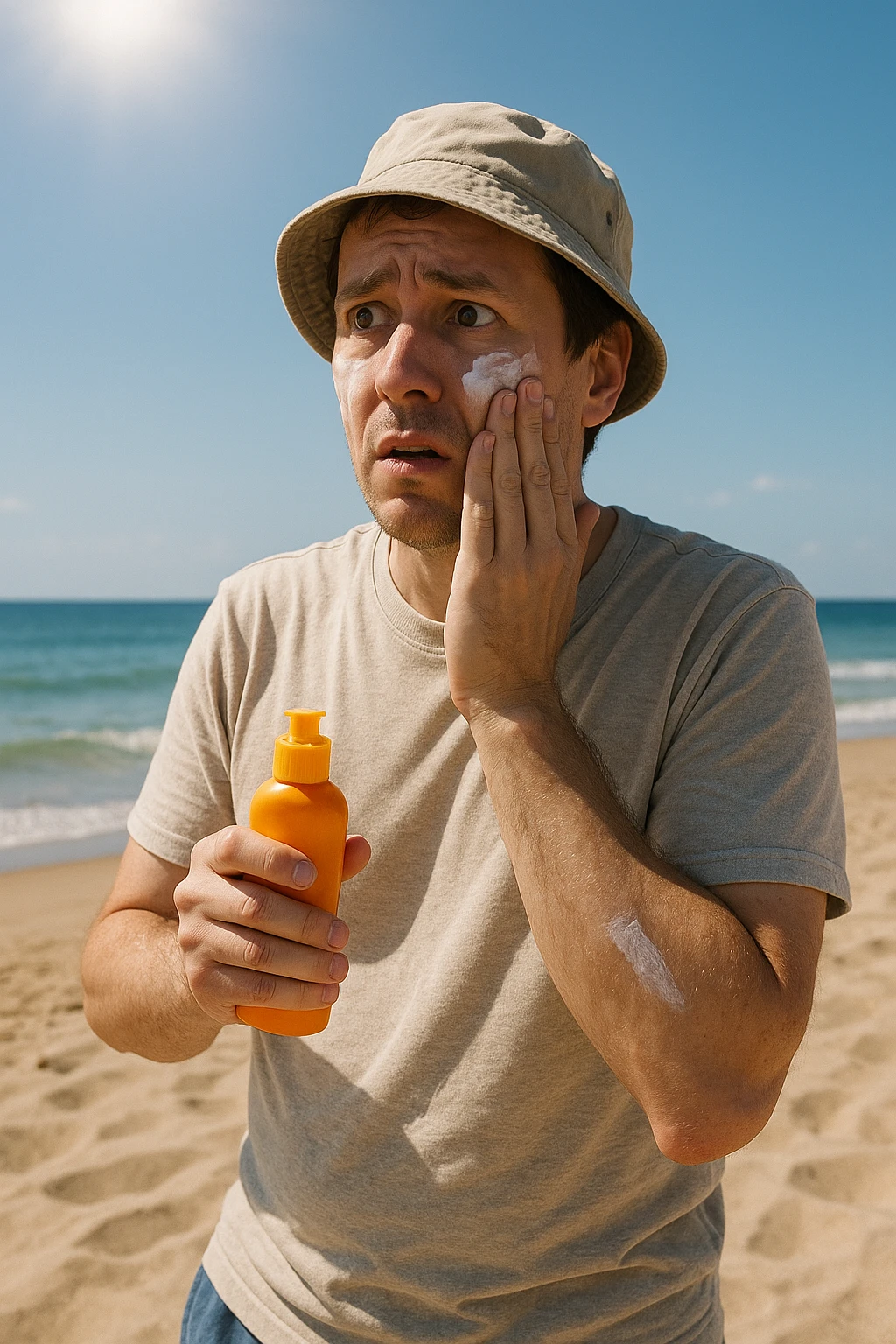 uomo a mare che si mette la crema solare perchè ha paura del sole realistica emoji
