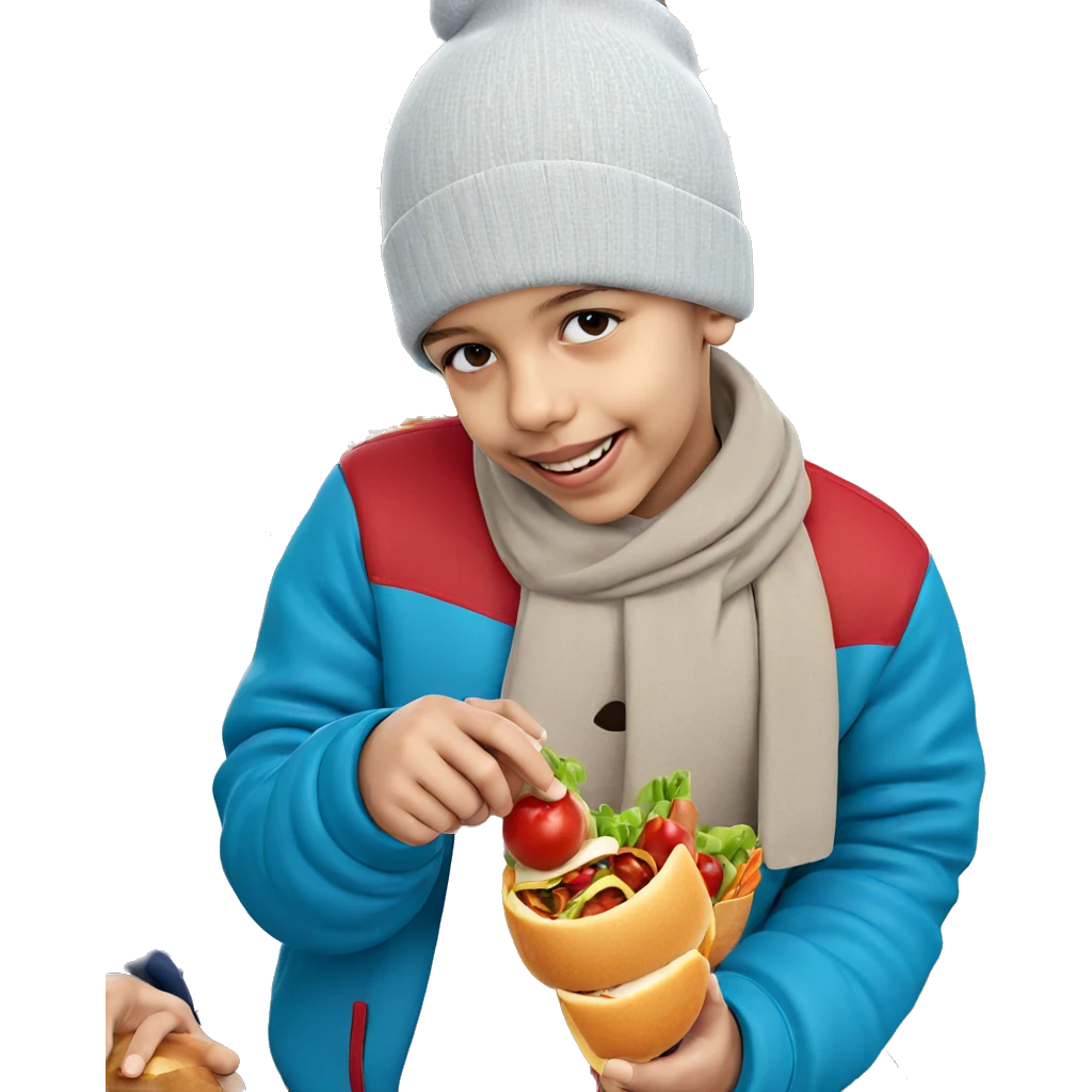 smiling man in beanie holding food emoji